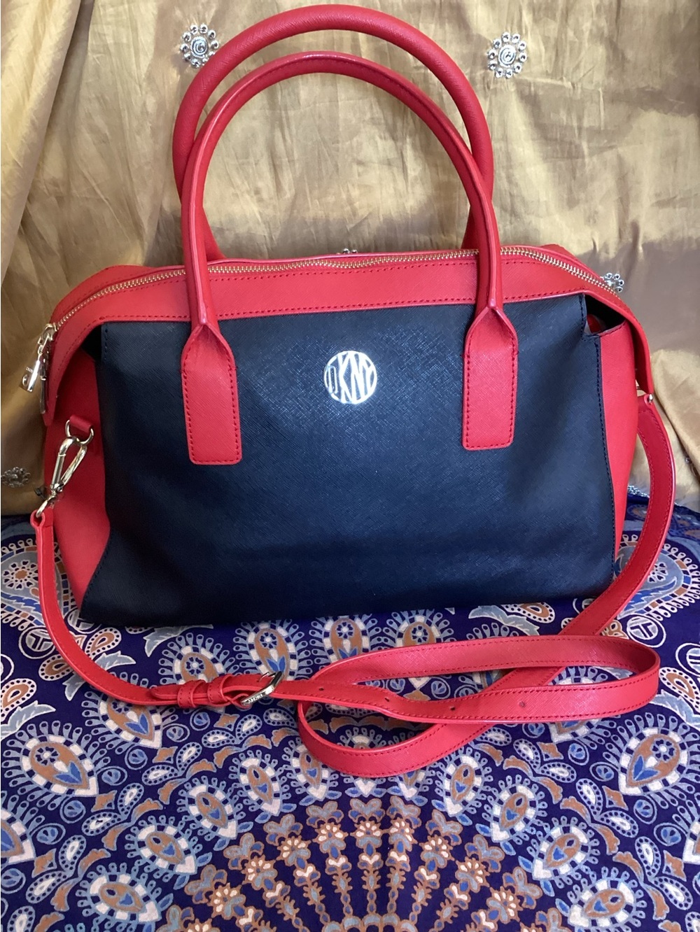 NWOT DKNY Black and Red Two-Tone Leather Satchel with Monogram